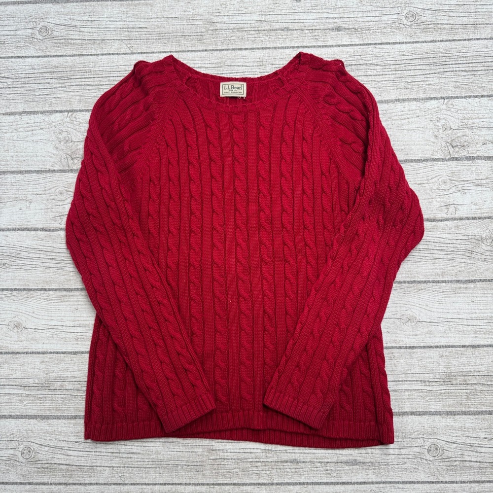 LL Bean Sweater Women's XS Red Cable Knit Raglan Sleeve Pullover Crewneck Preppy